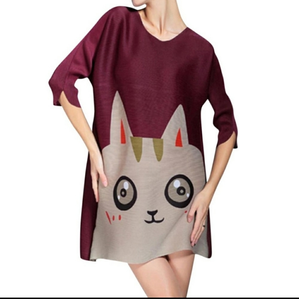 Cat Walk! Wine Cat Face Shift Dress